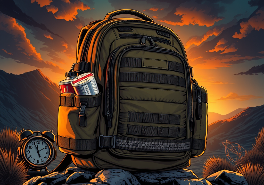 Tactical Kitpimp Commanders Patrol Pack against a dramatic sunset backdrop, featuring functional side pockets with gear, highlighting durability and outdoor readiness.