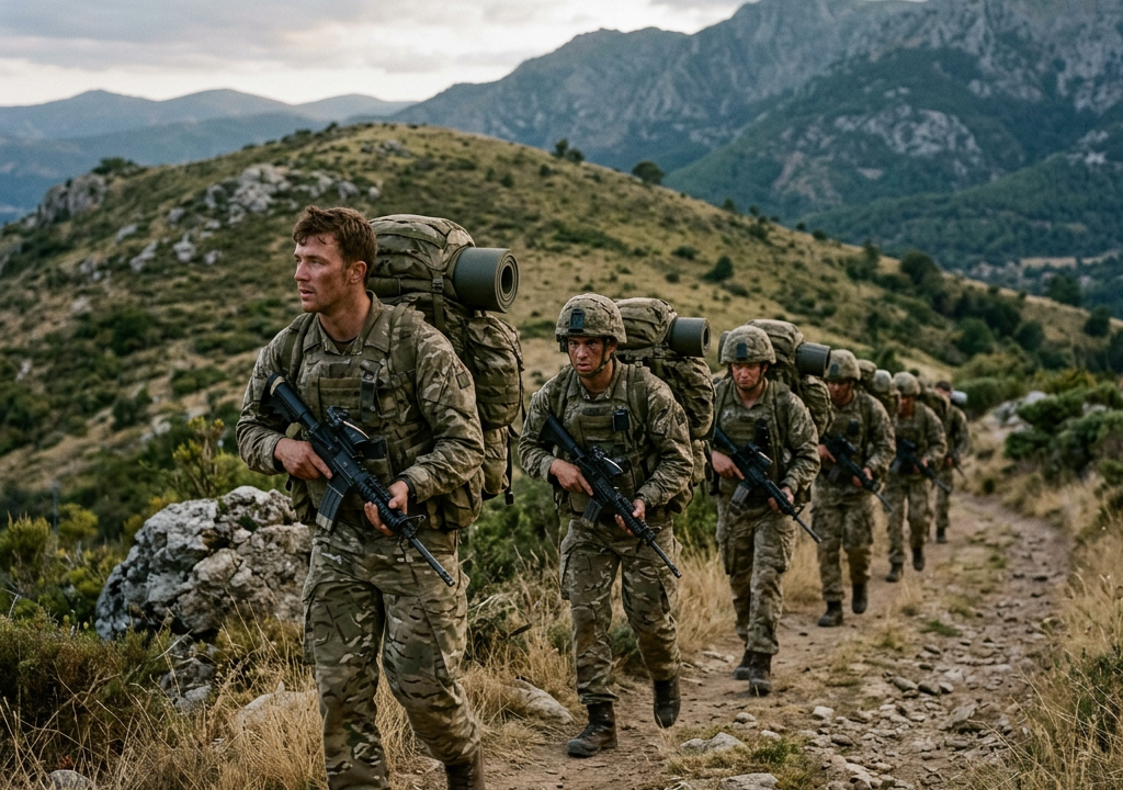 Soldiers in camouflage uniforms carrying rifles and backpacks hiking on a rocky mountain trail MTP Bergen