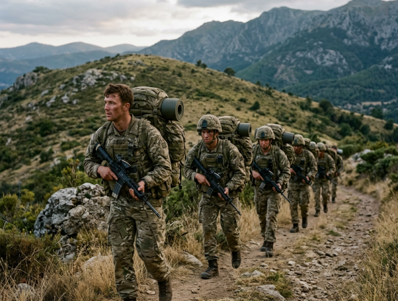 Soldiers in camouflage uniforms carrying rifles and backpacks hiking on a rocky mountain trail MTP Bergen